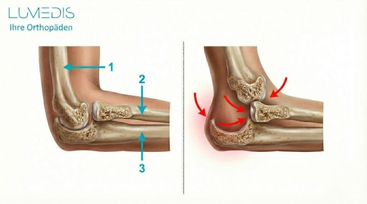 Abbildung eines gesunden und eines ausgekugelten Ellenbogengelenks