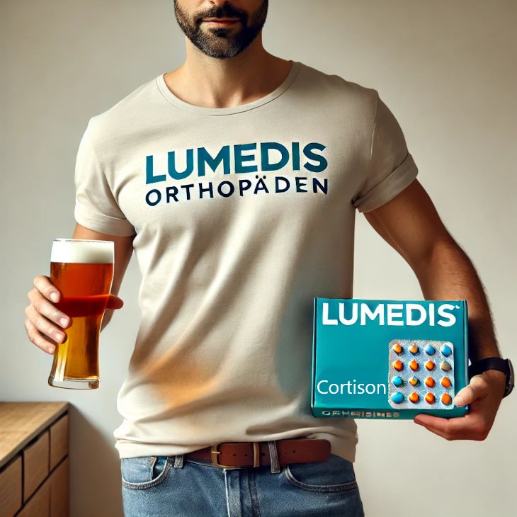 Mann der ein Bier in der Hand hält und Cortisontabletten nehmen muss