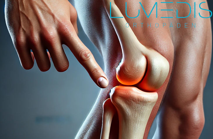 Mann zeigt am Knie, wo der Außenmeniskus schmerzt