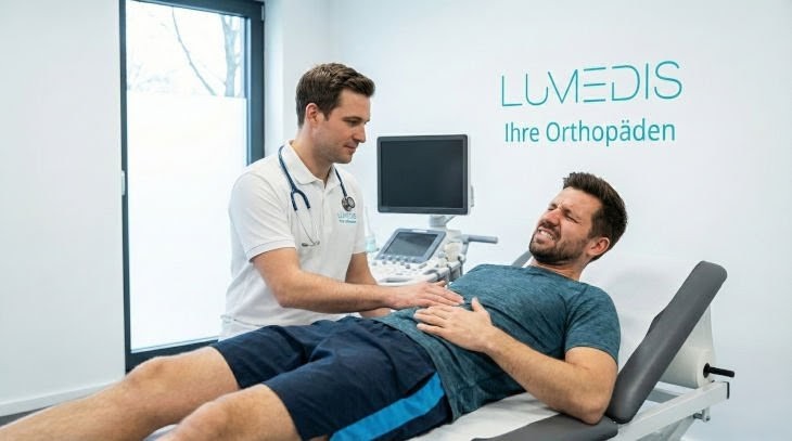 Mann mit Bauchmuskelverletzung, der bei Lumedis in Frankfurt behandelt wird