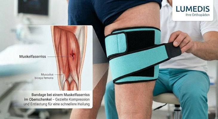 Bandage bei einem Muskelfaserriss im Oberschenkel Bandage bei einem Muskelfaserriss im Oberschenkel