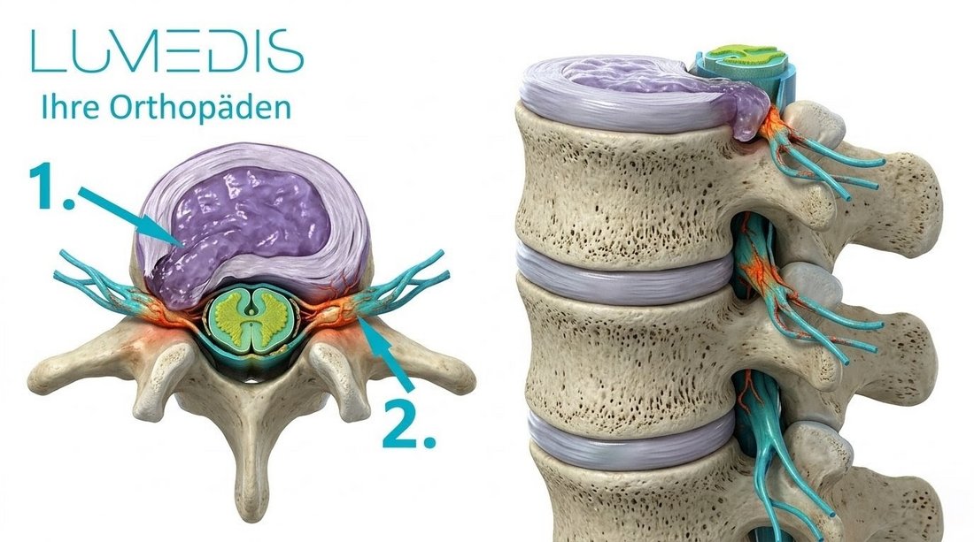 Bandscheibenvorfall mit Druck auf die Nervenwurzel Bandscheibenvorfall mit Druck auf die Nervenwurzel
